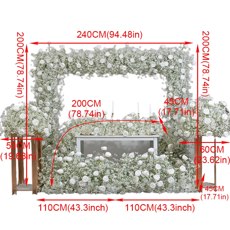 Custom Baby Breath Rose Flower Row Wedding Backdrop Arch Arrangement Party Table Centerpieces Ball Event Table Flower Runner