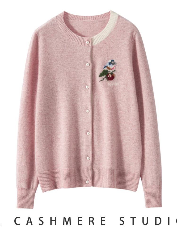 

100% Cashmere Button Cardigan Sweater New Women O-Neck Contrast Color Collar Top Autumn Winter Knitted Thick Long Sleeve Clothes