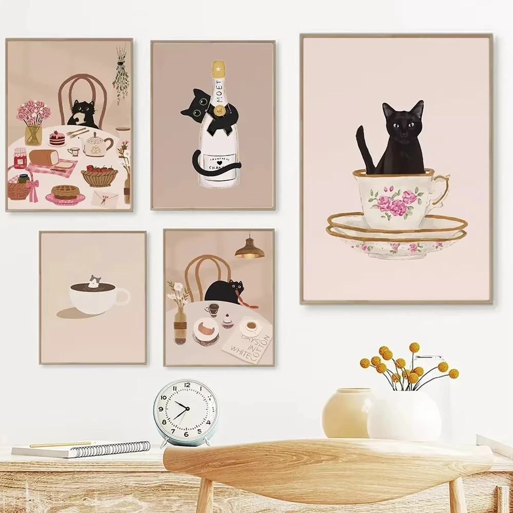 Impresión artística de gato negro y café, regalo para el día de la madre, amante de las mascotas, bohemio, champán, cocina, Bar, póster de pared, pintura en lienzo, decoración del hogar para habitación