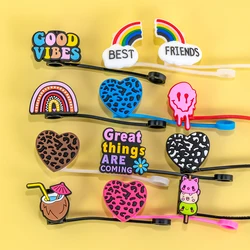 1-12PCS Cute Leopard Heart Straw Topper for Cups,8mm Rainbow Dustproof Straw Cover for30&40Oz,Drinking Splashproof Straw Tip