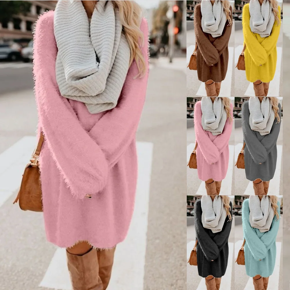 

Women's Fall Winter Pop-up Mid-length Long-sleeved Dress Round Neck Loose Fit Plush Dress for Women Robe Argent Mini Dress