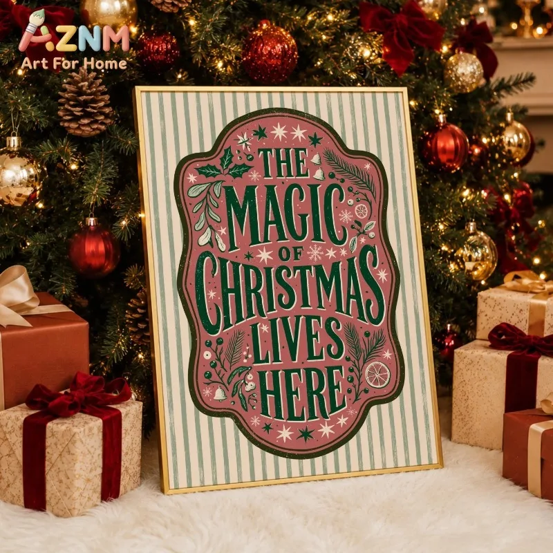 Retro The Magic of Christmas Lives Here Canvas Wall Art Vintage Striped Festive Decor Xmas Wall Print Unframed Canvas Poster