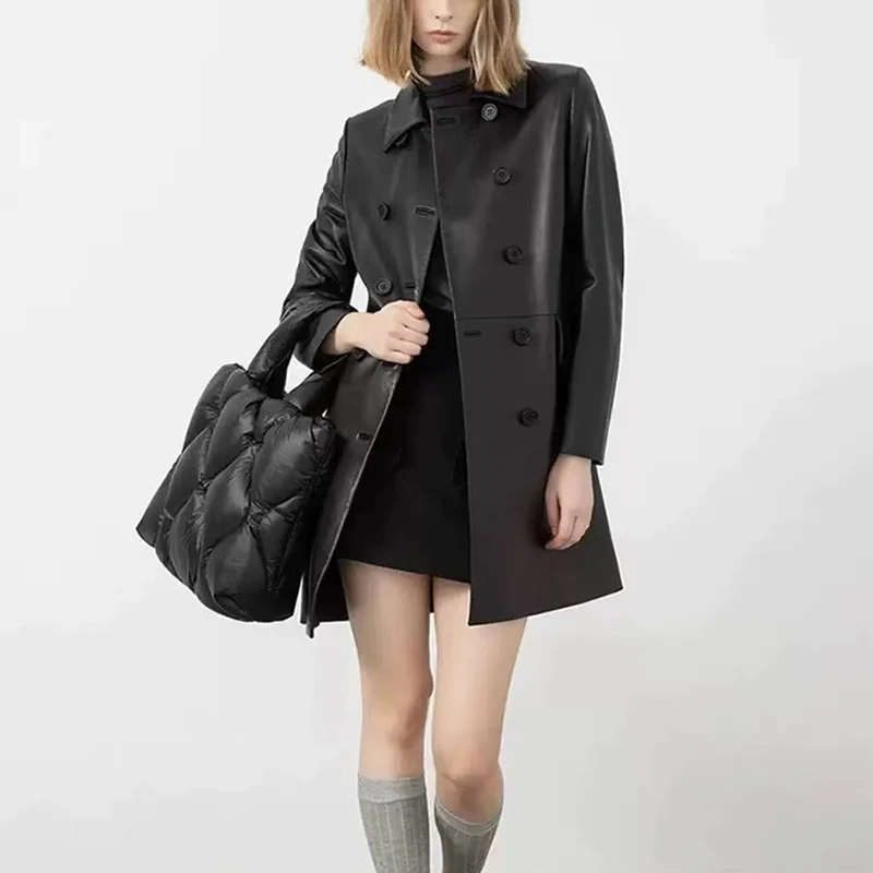 Kurtki damskie ze skóry naturalnej, średniej długości, dwurzędowe, w stylu brytyjskim, wysokiej jakości, garbowane roślinnie, z owczej skóry, wiatrówka.