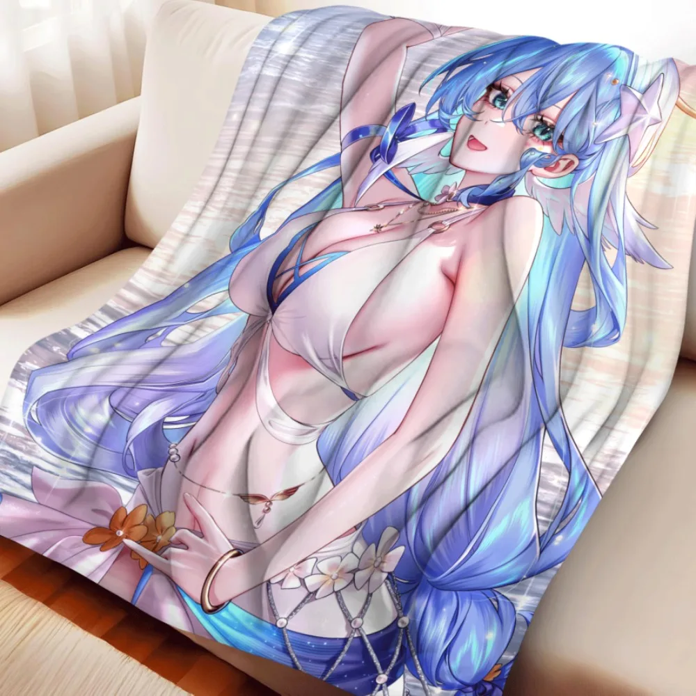 Anime Flannel Throw Blanket Robin Blue Long Hair Star Hair Clip Summer Beach Bikini Warm Sofa Bedding Gift