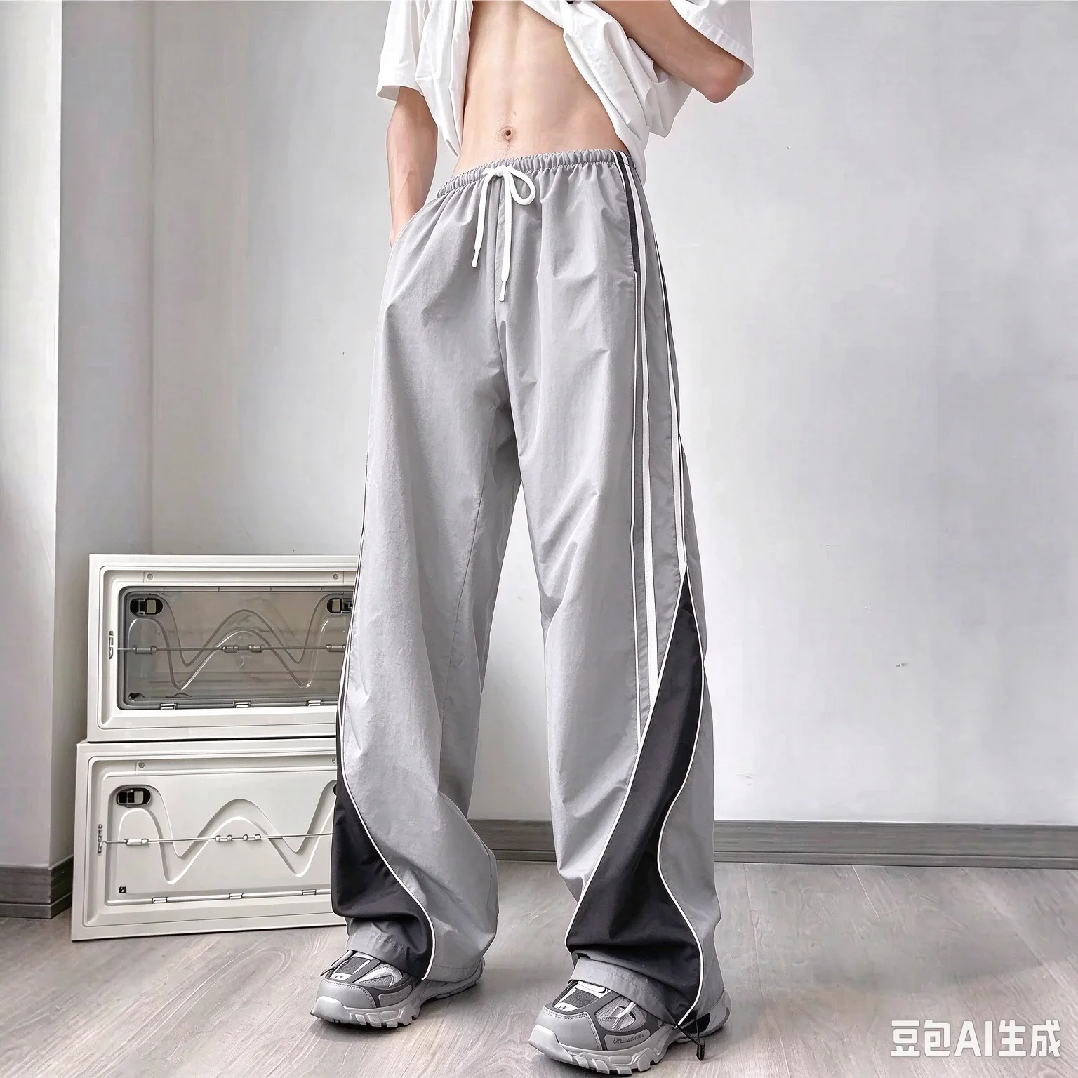 Heißer Verkauf Unisex gebogene weiße Seitenstreifen-Fallschirmhose mit weitem Bein, lockere Baggy-Hose für Herren, Hip-Hop-Streetwear, lässige Sporthose – Detail 12