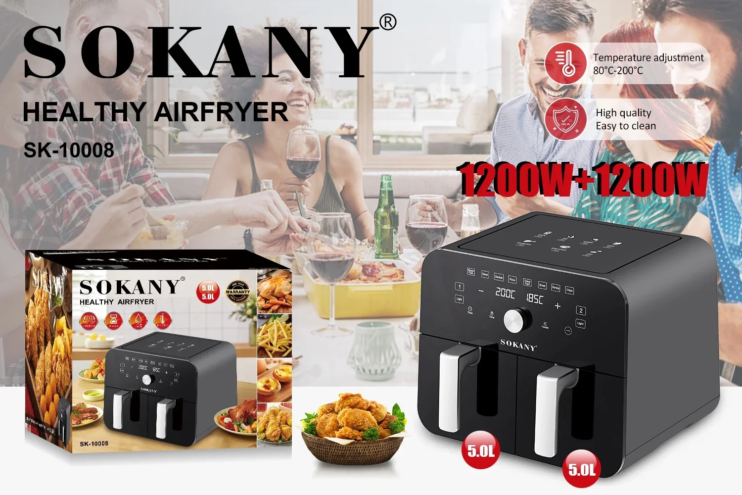 sokany Household10L Touch Screen Double Air Fryer Electric Deep Fryer Oven Smart Air Fryers With 2 Independent Baskets