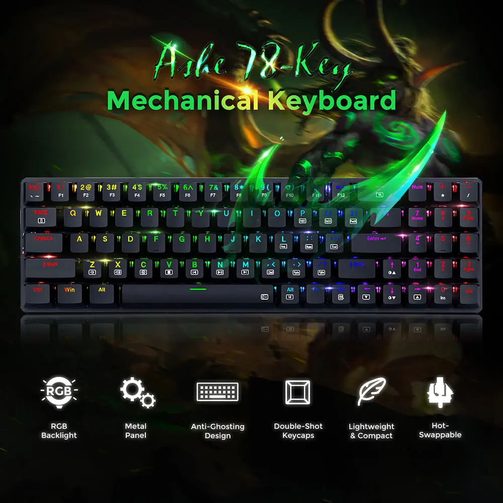 REDRAGON ASHE K626P-KB لوحة المفاتيح الميكانيكية 78 مفاتيح USB السلكية RGB المدمجة الألعاب لوحة المفاتيح مع Numpad الأزرق التبديل للكمبيوتر