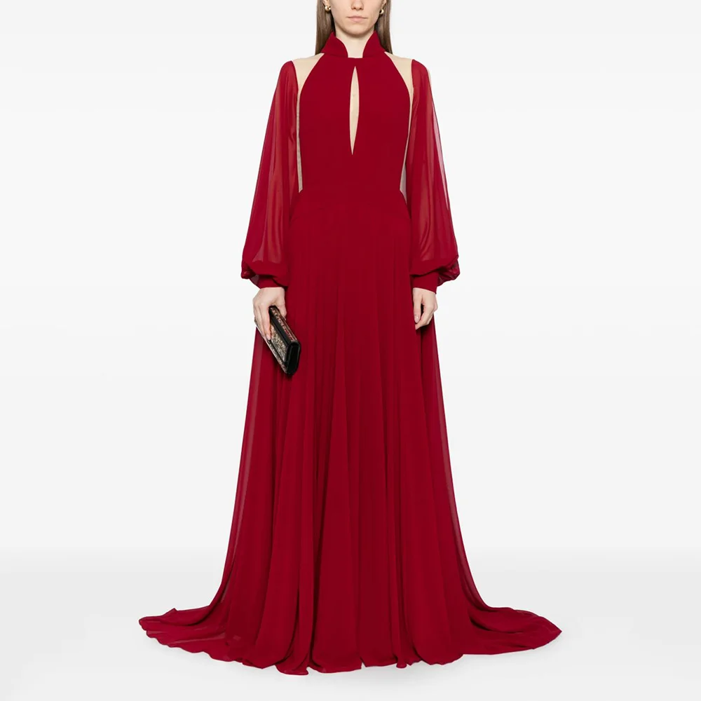 

Modern Evening Dress High Collar Long Sleeves Cut-out Illusion Evening Gowns for Women A Line Customized Formal Party Dresses