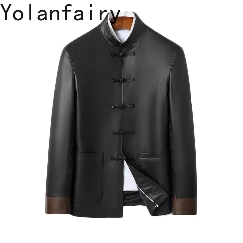 

YOLANFAIRY Sheepskin Genuine Leather Autumn Vintage Jacket Chinese Style Coats Stand Collar Tang Suit Handsome Chamarras De Piel