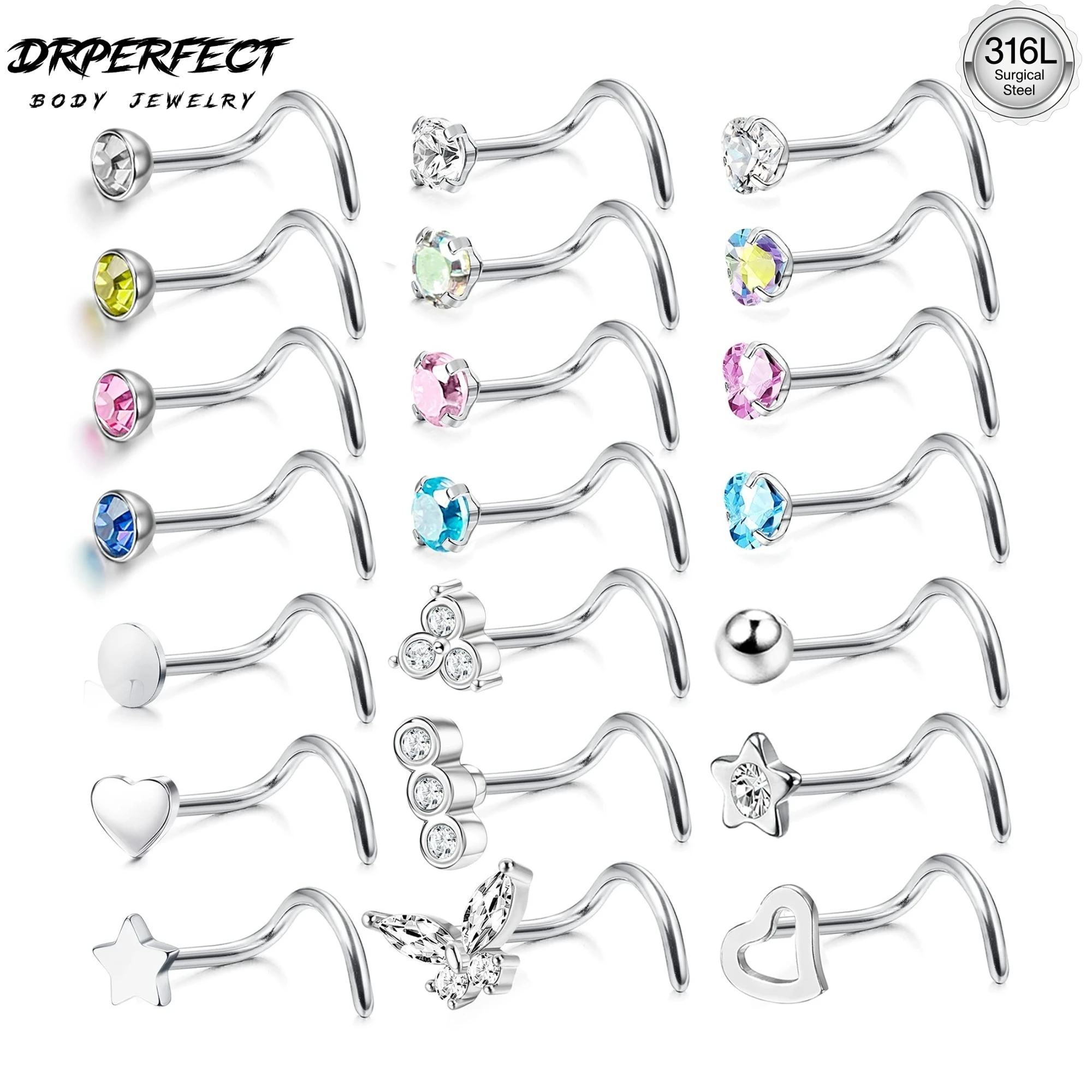 Drperfect 20G Nasenstecker aus 316L Chirurgenstahl für Frauen und Männer, hypoallergen, bunte CZ-Nasenstecker, Schraub-Nasenpiercing-Schmuck.