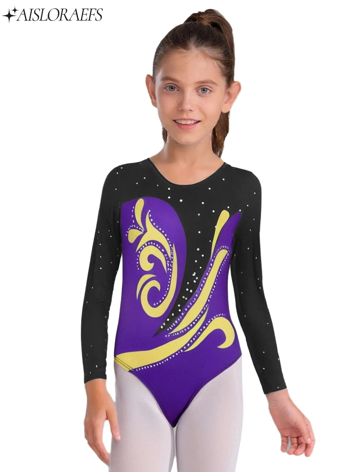 

Long Sleeve Rhythmic Gymnastics Leotard for Girls U Back Color Block Bodysuit for Ballet Figure Skating Acrobatics Dancewear