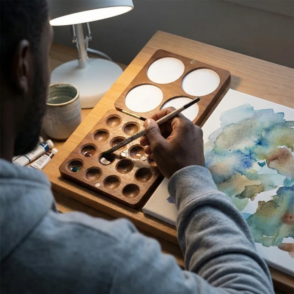 Empty Box Walnut Wood Watercolor Palette Mini Compact Mixing Paint Tray Magnetic Suction Portable Paint Box Artist Use
