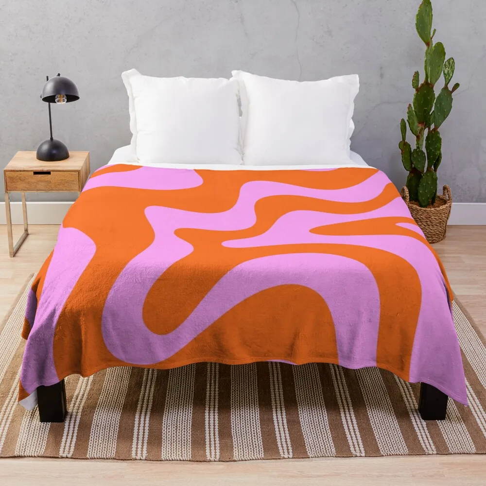 Retro Liquid Swirl Abstract Pattern Square in Hot Pink and Red-Orange Throw Blanket Decoratives Plaid Single Blankets