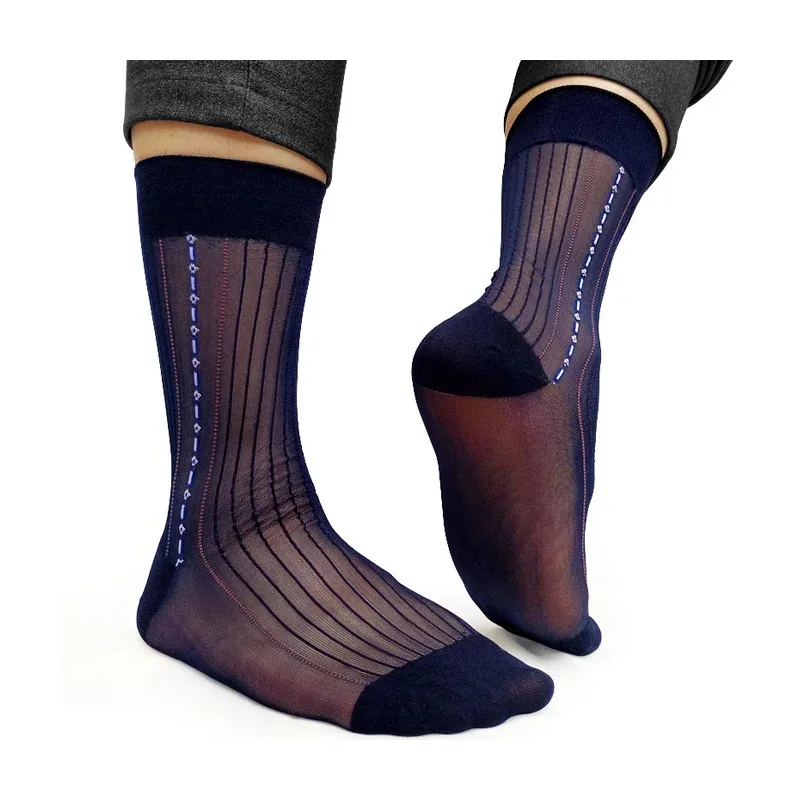 

Мужские ультратонкие полупрозрачные носки в полоску из нейлона и шелка, высококачественные, сексуальные, для делового костюма, для джентльменов