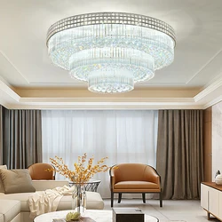 Luxury Round Cake Shape Crystal Ceiling Lights for Living Room Decor Lustre Remote LED Silver Ceiling Lamp Home Indoor Lighting