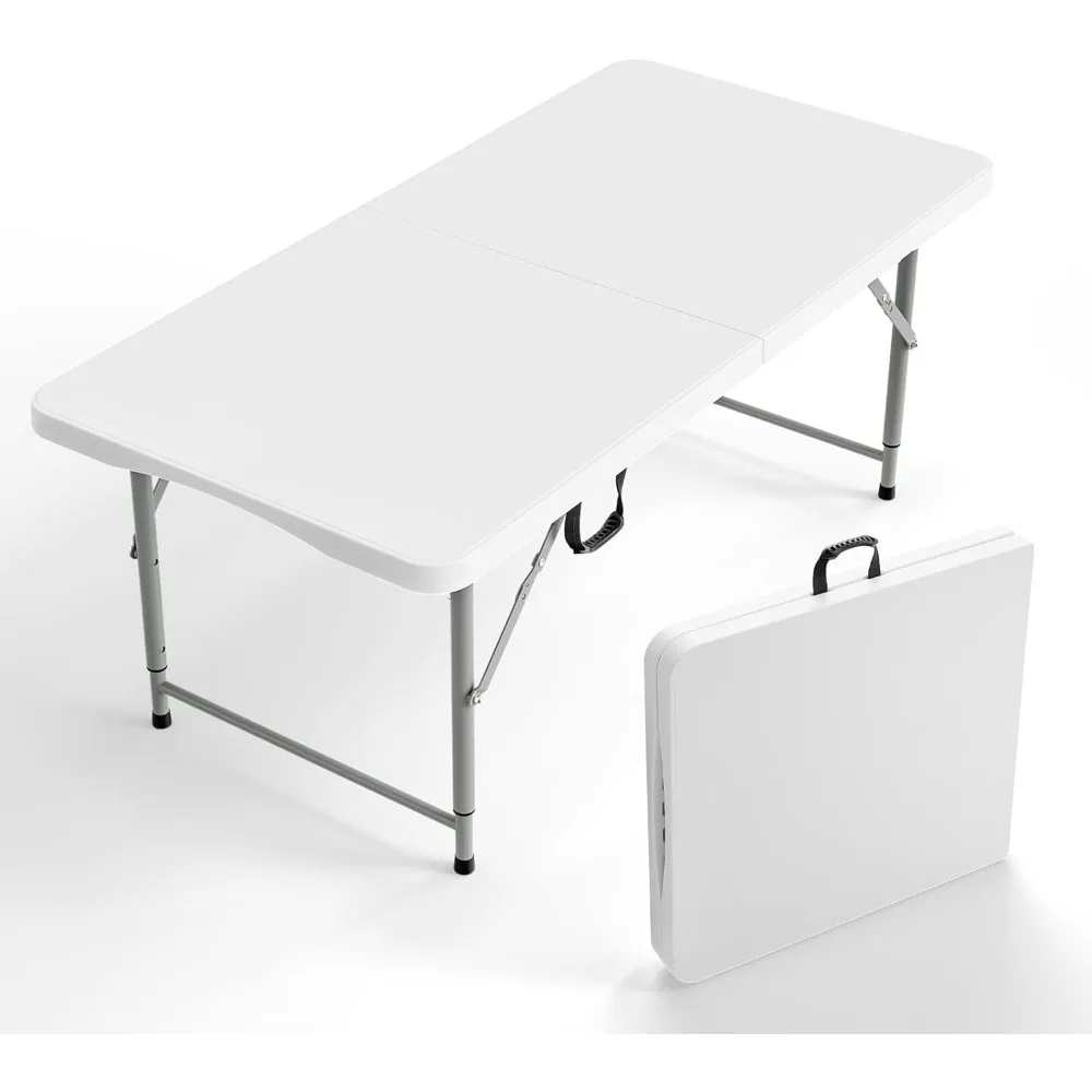 VINGLI 4 FT Adjustable Folding Camping Table White - 3-Level Height Portable Desk for Party Picnic Garden Soccer Activities