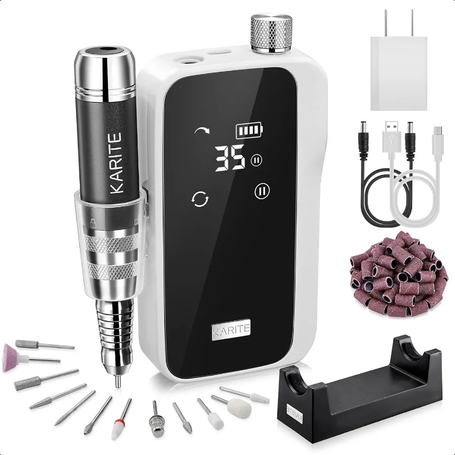 

Profional Nail Drill hine for Acrylic Nails 35000 RPM Electric Nail File with 13 Bits 30 Sanding Bands USB Rechargeable Portabl