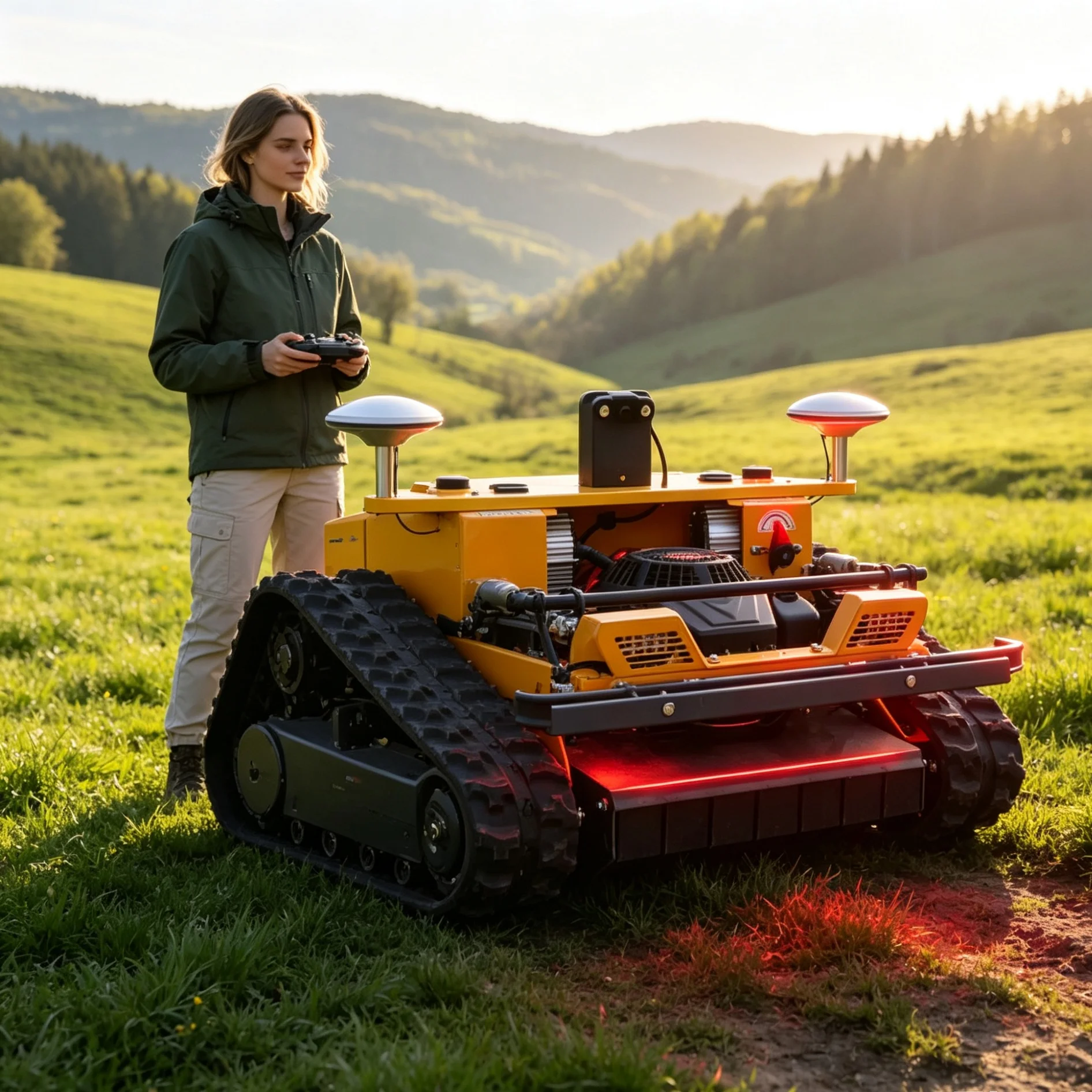 Customized Remote Controlled 550GPS Mower, Yellow Self-propelled Structure For Rural Road Green Belt Trimming