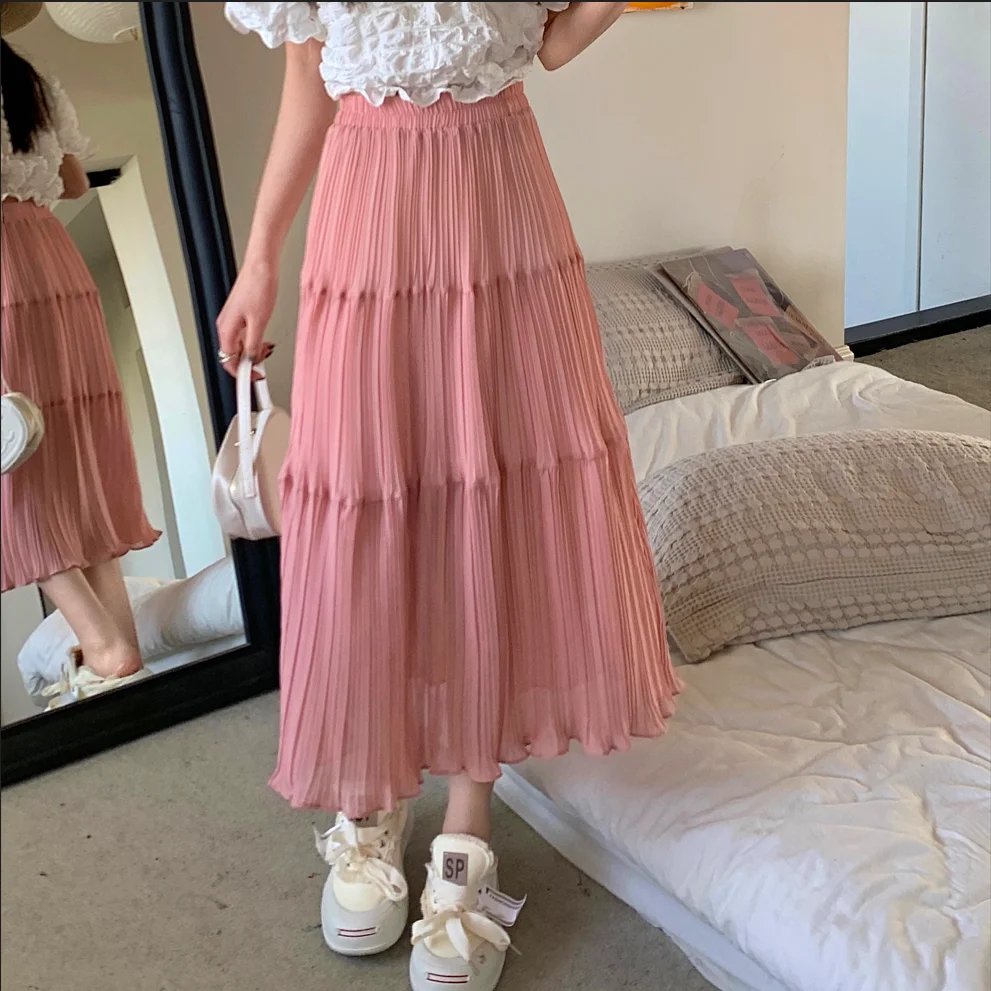 

2023 New Spring Summer Women High Waist Slim Long Skirt Korean Fashion Patchwork Solid Color Miyake Pleated Chiffon Skirt