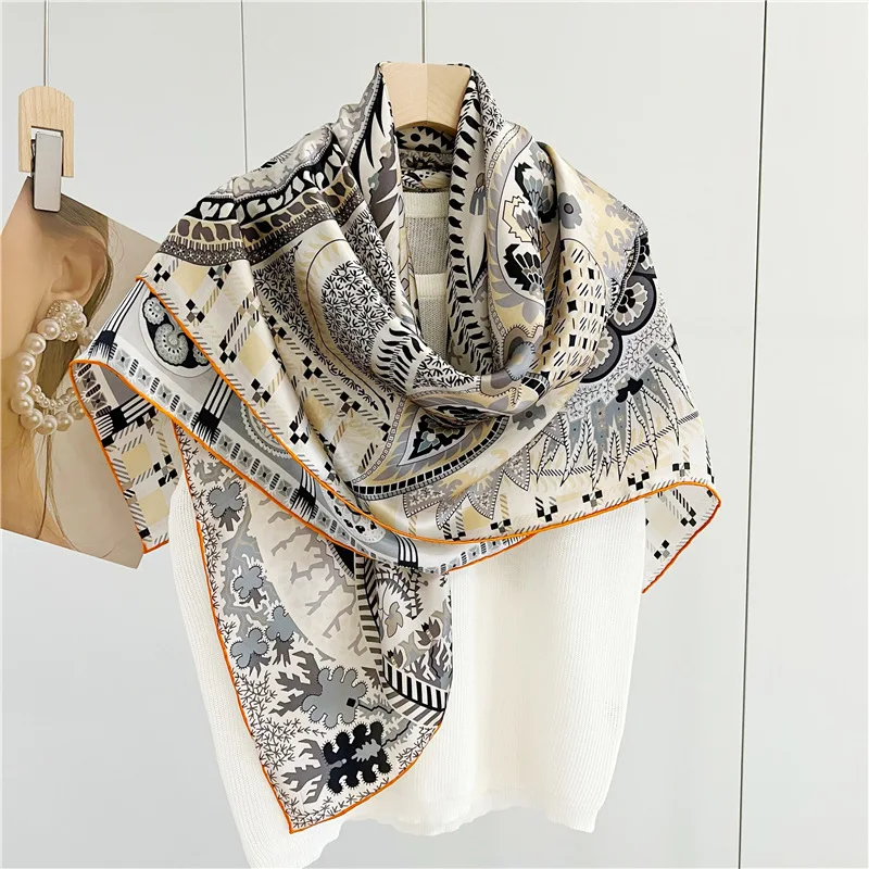 Paisley Satin Mulberry Scarf 110cm Big Bag Bandanas Hand Rolled Scarfs Designer Big Shawls Women Luxury Decoration Gift 110cm