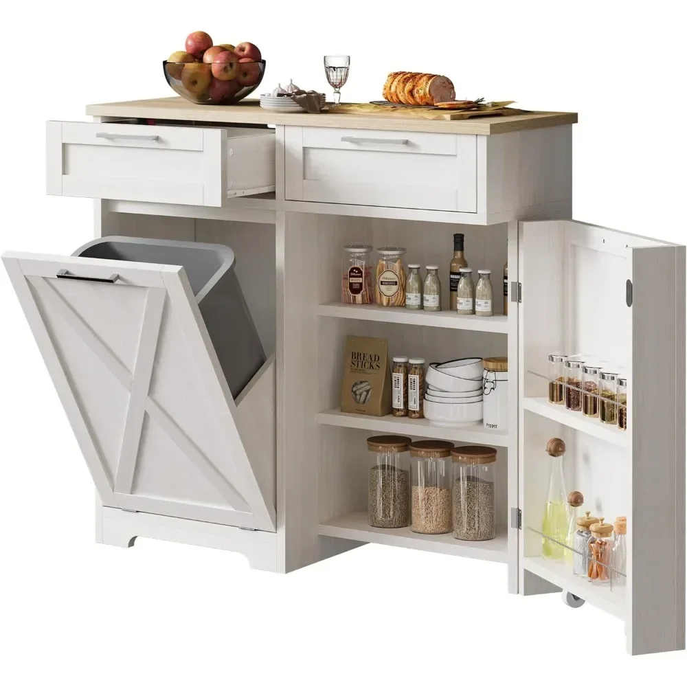 10 Gallon Tilt Out Trash Bin Cabinet with 2 Drawers Adjustable Shelves, Kitchen Pantry Storage Cabinet with Garbage Bin