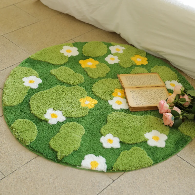 

Green Moss Daisy Round Rug Aesthetic Home Soft Carpet Kids Room Non-Slip Computer Chair Floor Mats Thick Tufted Rug Bedroom