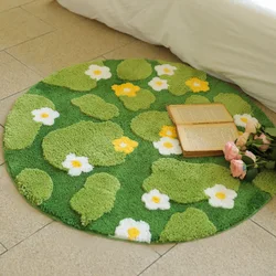 Green Moss Daisy Round Rug Aesthetic Home Soft Carpet Kids Room Non-Slip Computer Chair Floor Mats Thick Tufted Rug Bedroom