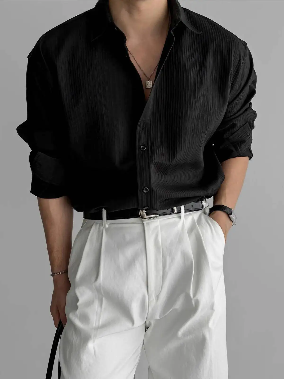 Men's Black White Long Sleeve Shirt High End Vertical Texture Mature Style Versatile Wrinkle Resistant Casual Business Shirt