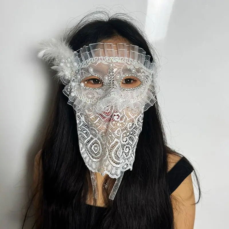 真珠女性仮面舞踏会マスクラースレースラインストーンフェザーベールフェイスジュエリーアクセサリー仮装パーティーハロウィンコスプレブラックホワイト