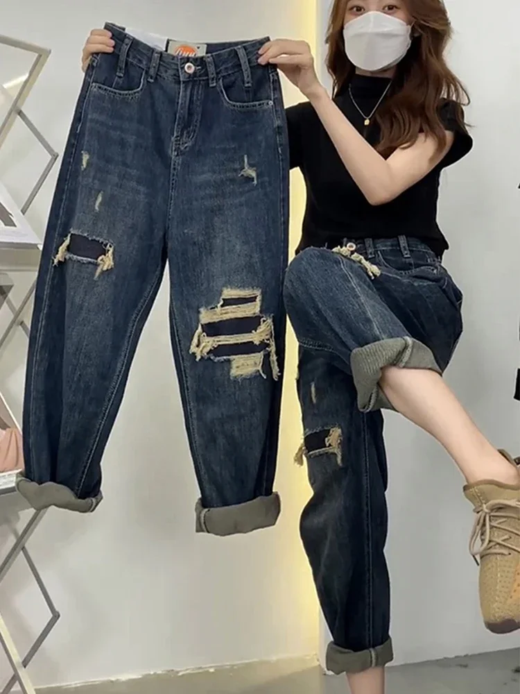 

Spring Summer 5xl 100kg Loose Casual Ripped Jean for Women Straight Retro Distressed Straight High Waist Female Denim Pants D42