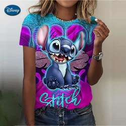 Camisetas con estampado de Lilo Stitch para mujer, Tops Kawaii para mujer, camisetas para niños de verano, camisetas informales con cuello redondo Ohana Stitch Disney