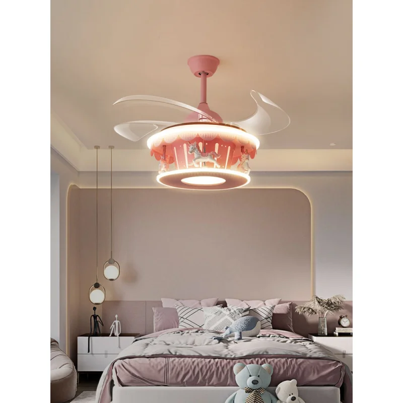 Children's Room Chandelier Girls' Room Lamp Bedroom Light Pink Carousel Invisible Fan Lamp