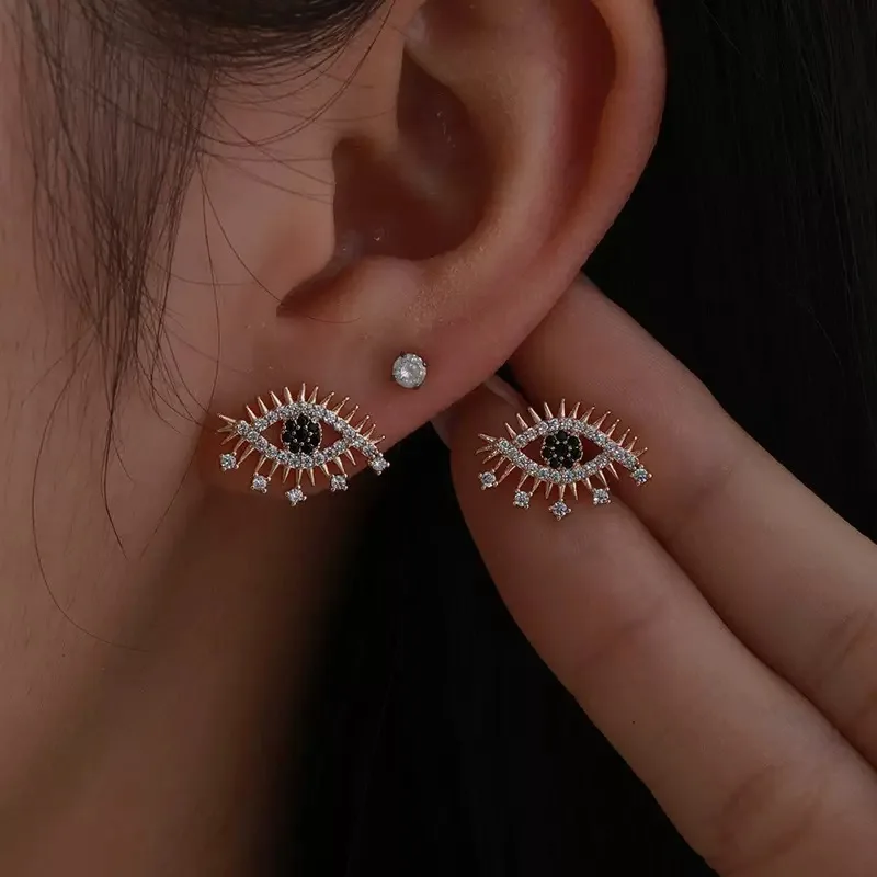 Dark Evil Eye Stud Earrings S925 Post | Black Zircon Paved Statement Jewelry | Gold Tone Gothic Aesthetic Gift