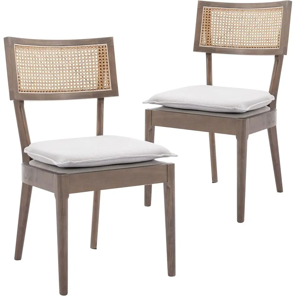 

Set of 2 Rattan Cane Back Side Chairs with Removable Linen Upholstery, Suitable for Dining Room or Restaurant, Light Brown