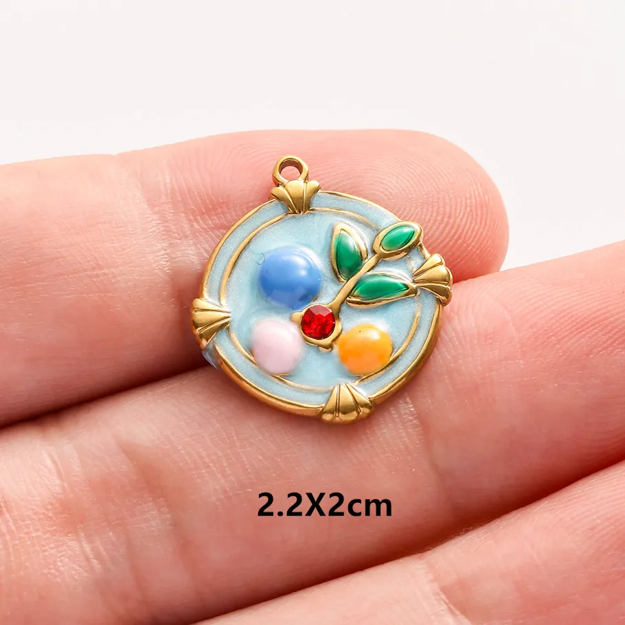 2 Stück Edelstahl-Anhänger mit blau-rosa Emaille, modischer Pflanzen-Charm, natürliche Perlenblumen-Anhänger für die Schmuckherstellung, Halsketten, Großhandel – Detail 4