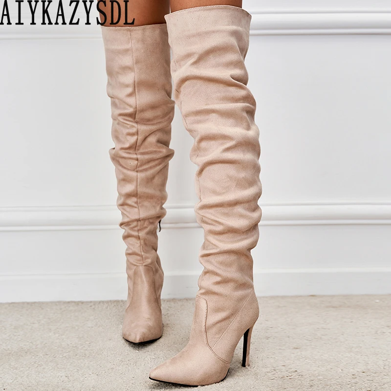 

AIYKAZYSDL 2022 Pleated Design Over The Knee Thigh High Boots Women's Shoes Female Stiletto Heels Autumn Winter Fashion Bootie