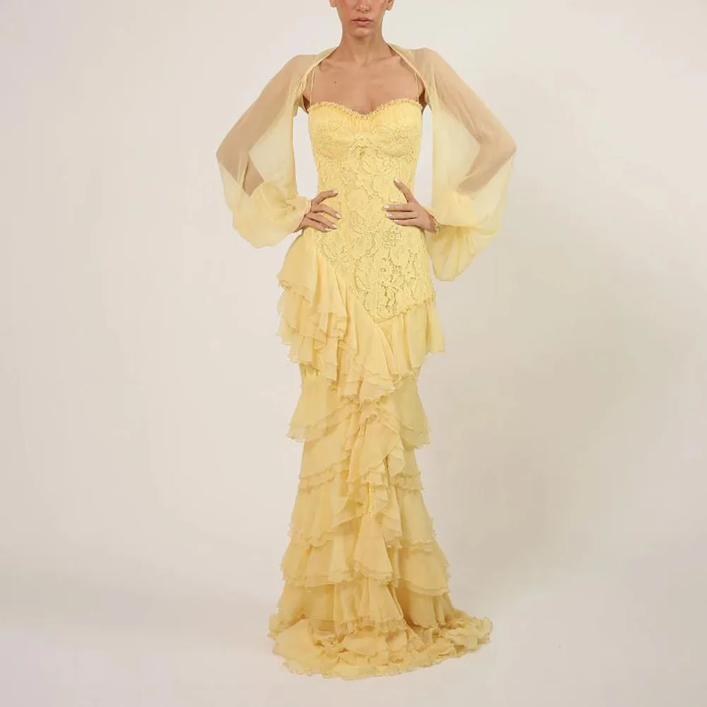 Robes de soirée sirène à volants personnalisées avec veste, bretelles Spaghetti, haut en dentelle, robe formelle à plusieurs niveaux en mousseline de soie