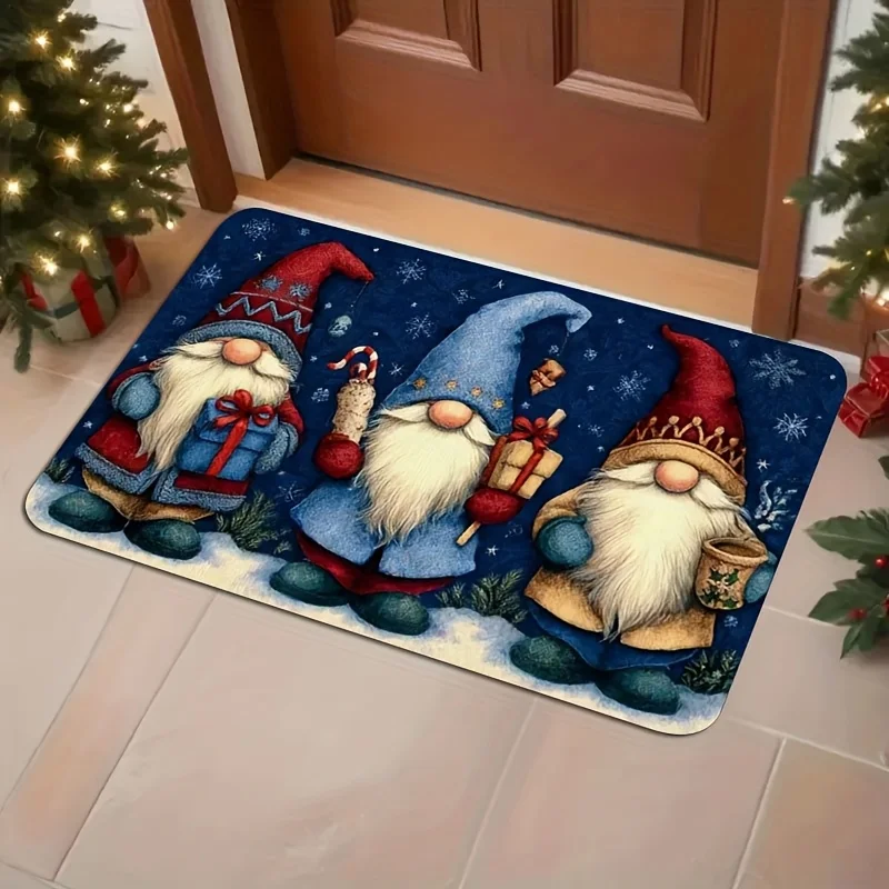 1pc Christmas Gnome Welcome with Snowflake & Gnome Holding Gift Design - Plush Soft Mat for Outdoor Entrance, Porch, Kitchen