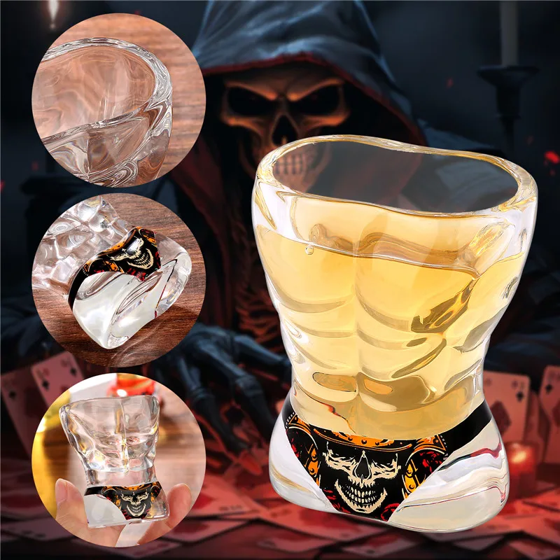 4pcs/set Muscle Man Bikini Skull Design Clear Shot Glasses 30ML Wine Cup for Halloween Kitchen Party Club Wedding Gift Set
