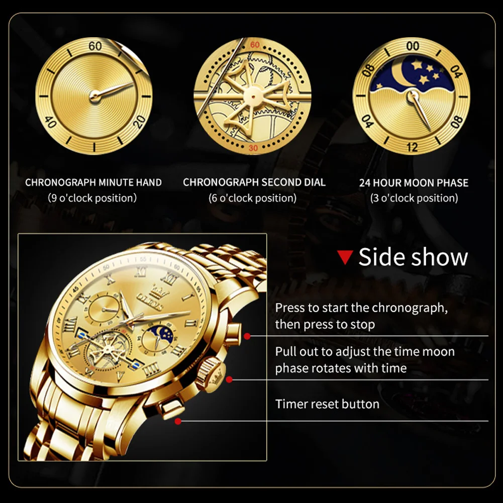 OLEVS-reloj deportivo de lujo para hombre, cronógrafo de cuarzo, de acero inoxidable, resistente al agua, con fecha, color dorado