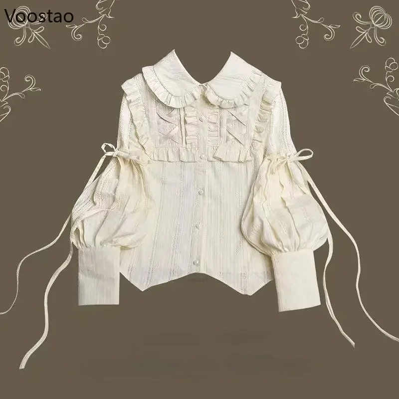 여성용 빈티지 고딕 셔츠, 우아한 로리타 스타일, Gigot 슬리브 블라우스, 빅토리아 스타일, 스위트 러플, 카와이 상의, Mujer