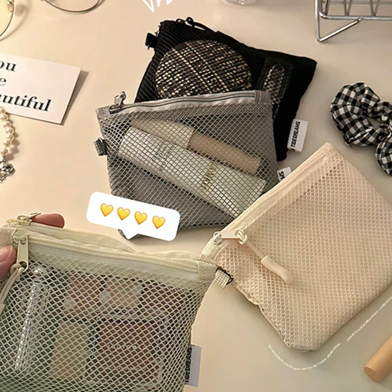 Travel Makeup Storage Bags New Mesh Coin Purse Simple Portable Mini Bag Multi-purpose Square Bag Double-layer Zipper Card Holder