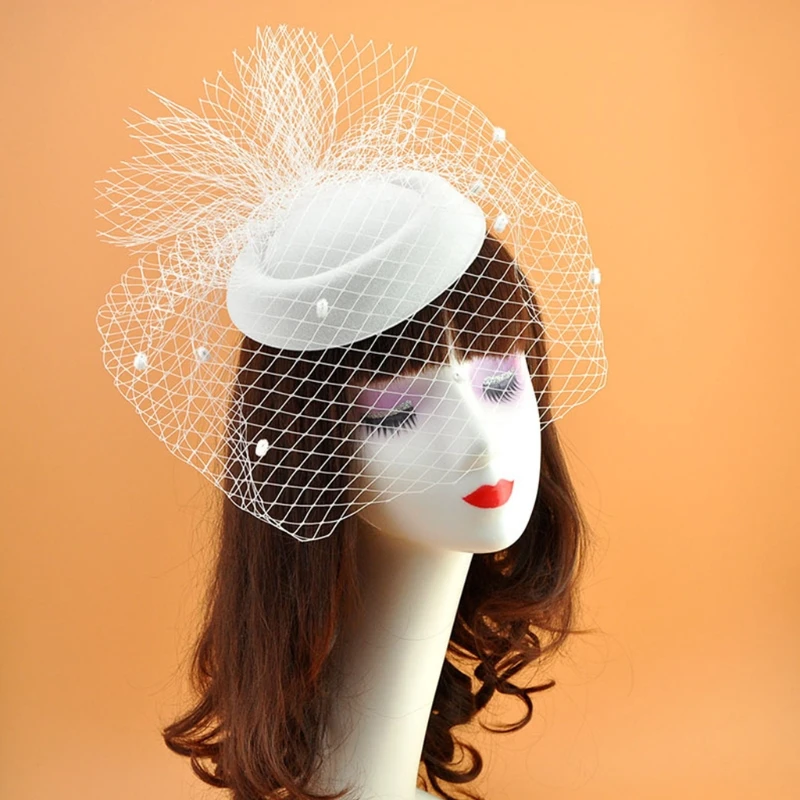 Kobiety Fascinator kapelusz 20s Vintage Solid Color czuł Pillbox małe Polka Dot Mesh welon herbata ślubna ozdoby do włosów imprezowe D5QB