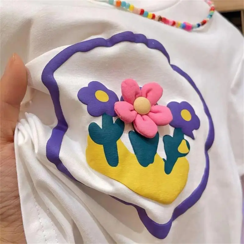 Childrens Clothing Girl Summer Two-piece Set Flower Short Sleeved T-shirt Baby Fashionable Solid Color Pants Summer Set