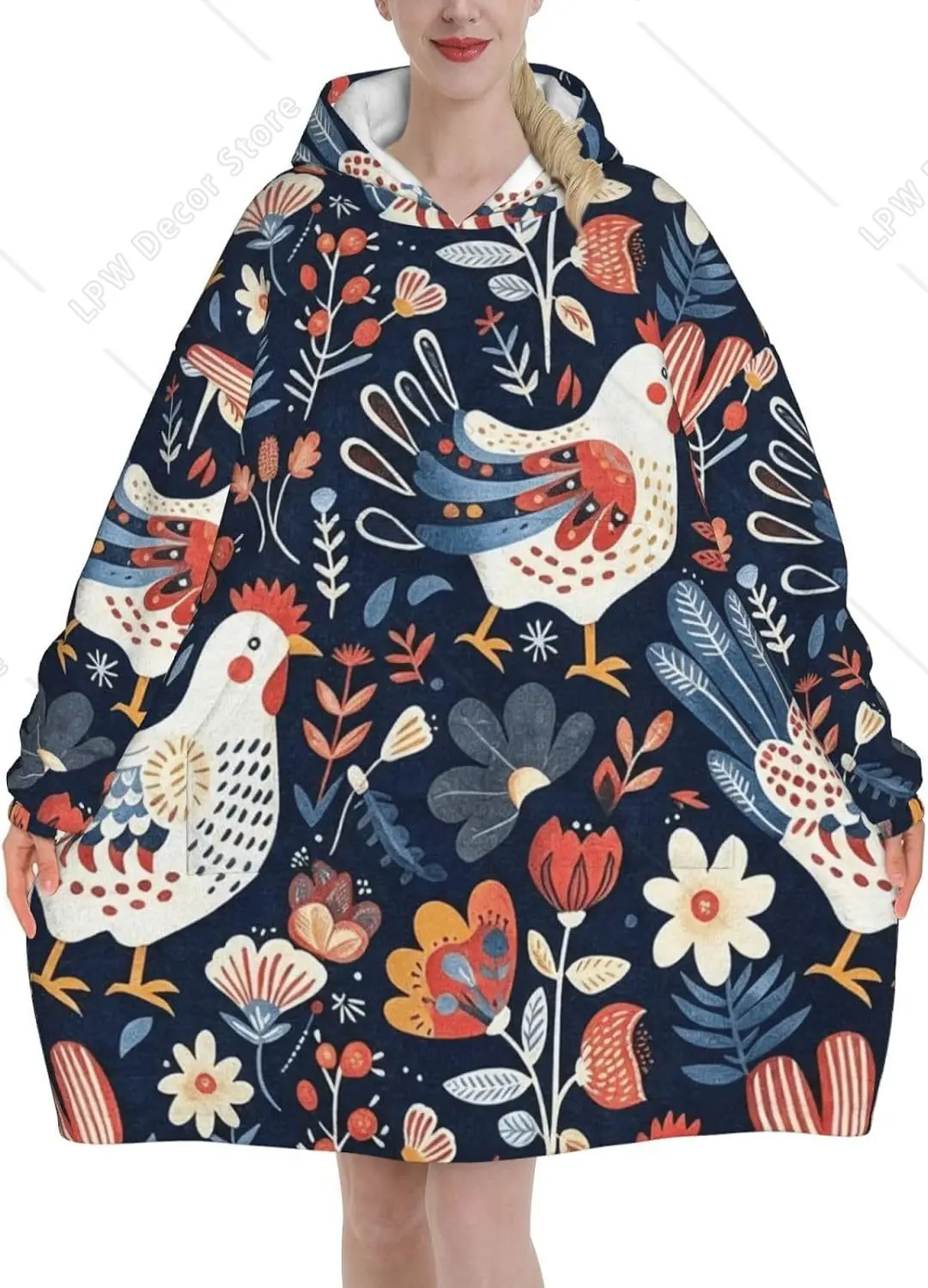 Folk Art Chicken Floral Blanket Blanket-Style Hoodies   Hooded Blanket Sweatshirt Soft Warm With Pockets