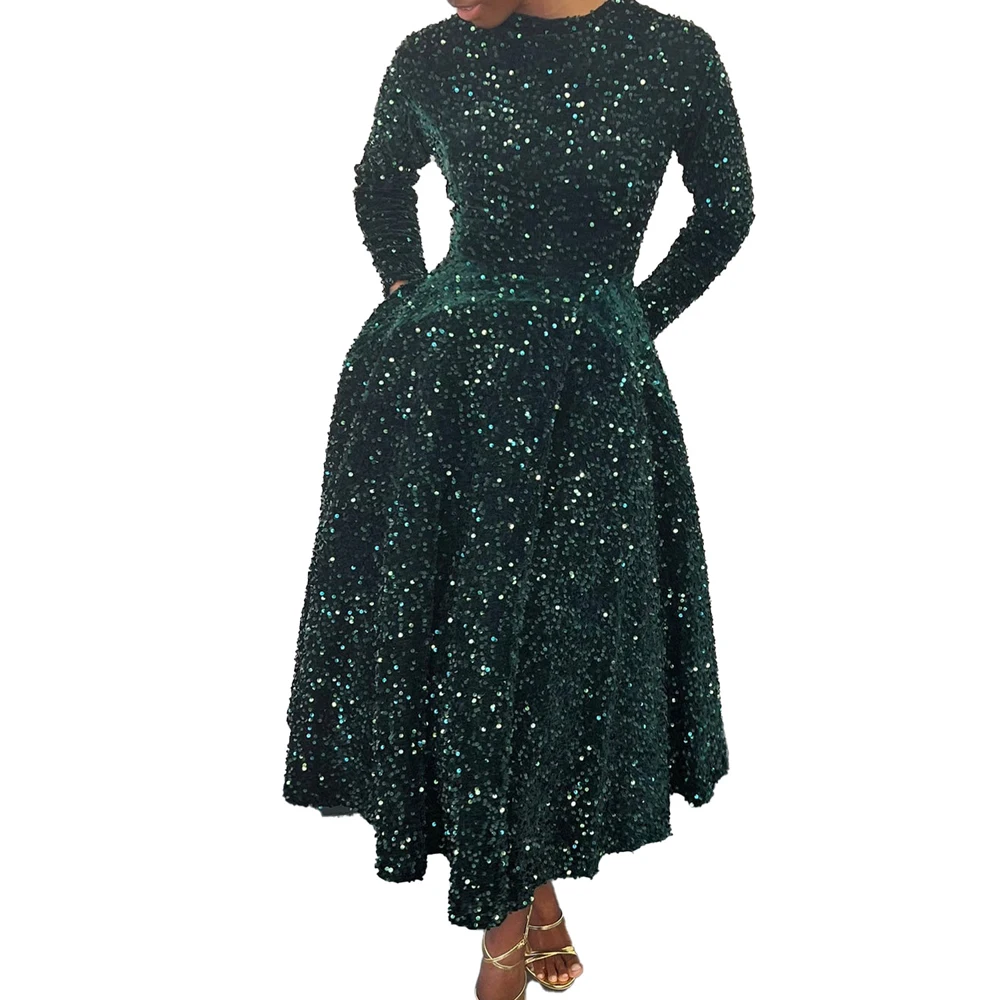 2024 Vintage-Mode Pailletten Frauen Kirche Swing Kleider Lange Hülse O-ansatz Hohe Taille Elegante Glitter Bankett Party Abendkleid – Detail 3