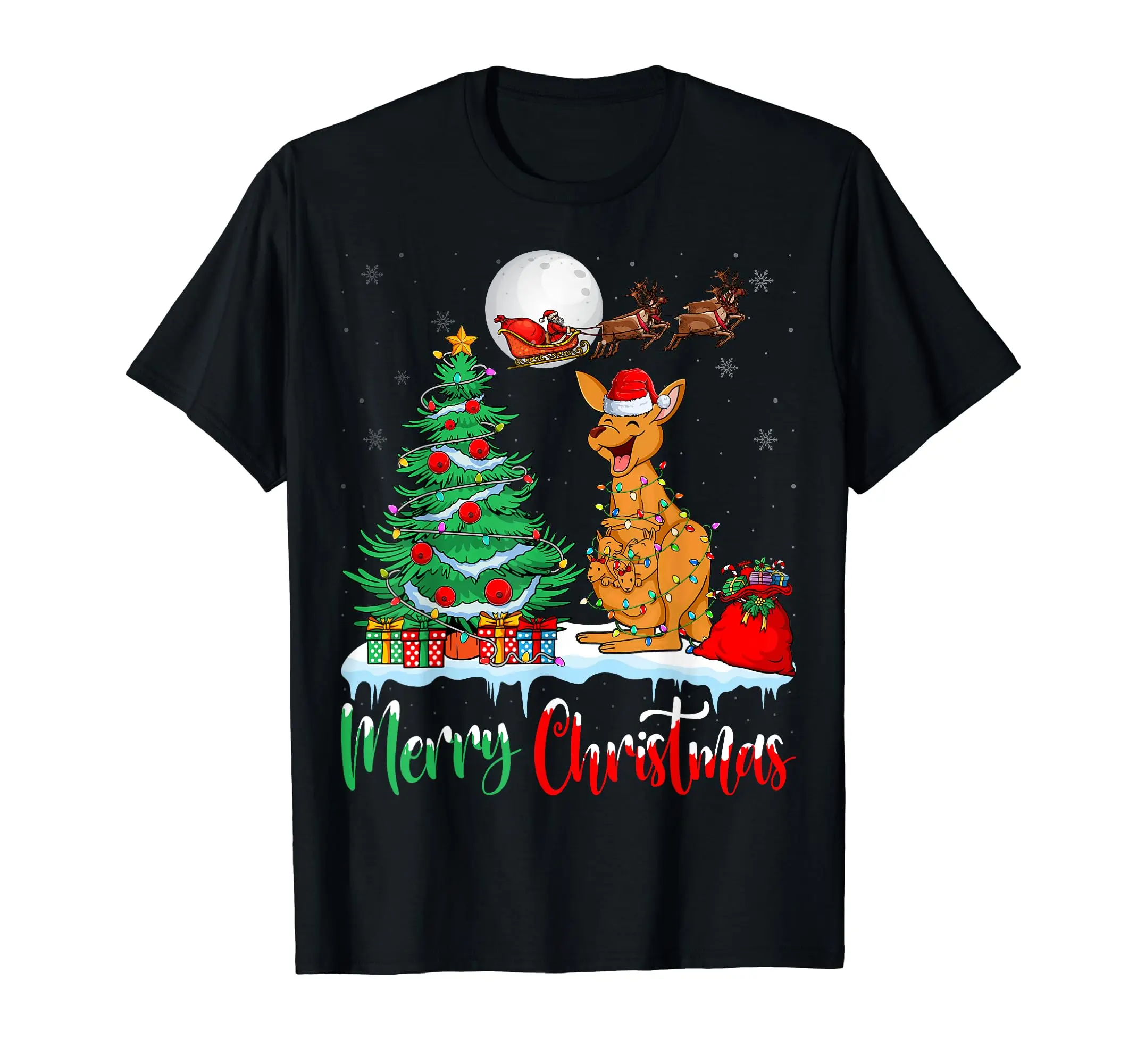 Kangaroo Santa Hat Xmas Tree Merry Christmas Kangaroo T-Shirt Holiday Costume Tees