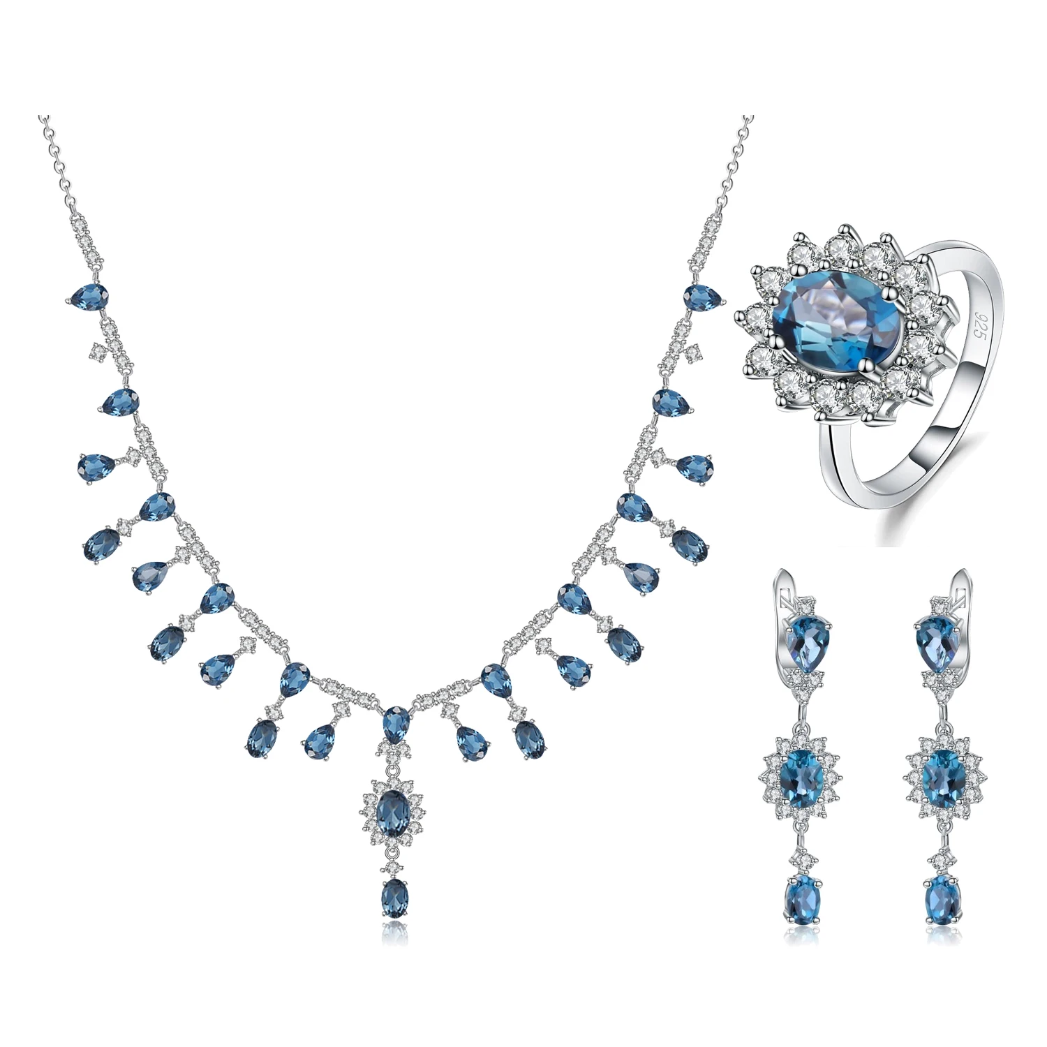 

925 Sterling Silver Jewelry Set with Natural London Blue Topaz Necklace Ring Earring Luxury Design for Women