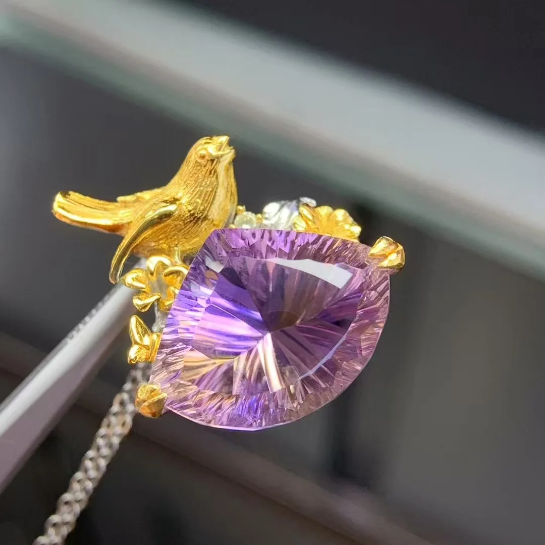 Natural Ametrine Pendant 16x21mm 925 Silver Two-tone Plated Handcrafted Bird & Flower Design Statement Necklace for Women