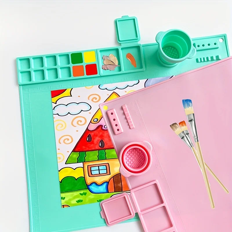 Single Large Silicone Painting Craft Mat Water Cup 12 Color Compartments 2 Paint Dividers Artist Drawing Creation Supplies Tool